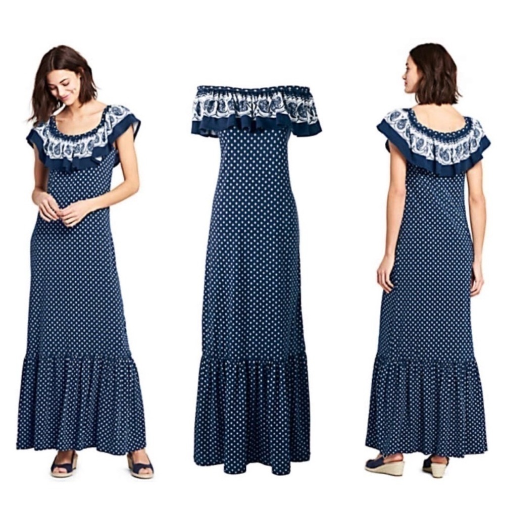 Lands’ End Cottagecore Navy Chic Off-Shoulder Maxi Dress Western Boho Size XS